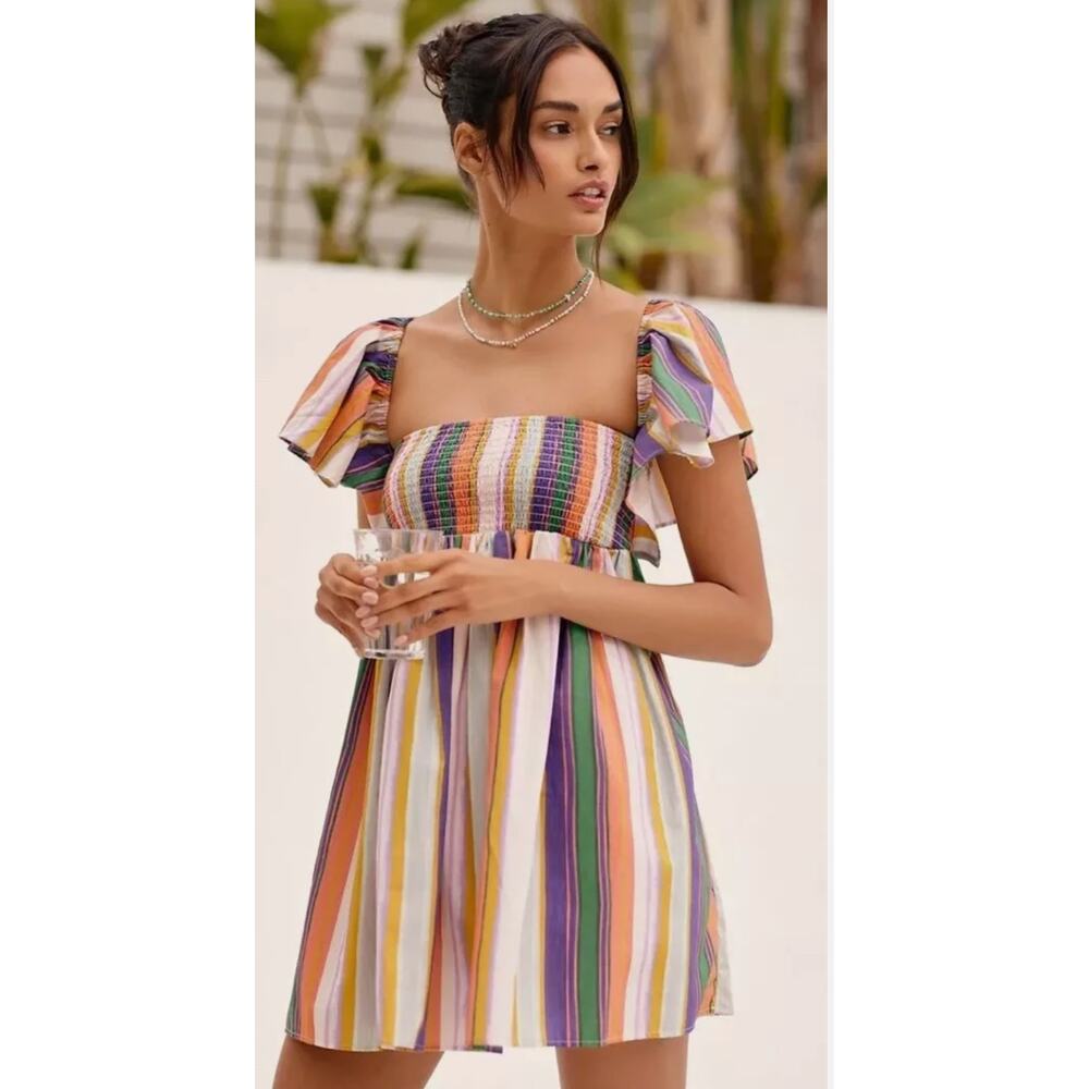 Anthropologie Multicolor Striped Smocked Mini Dress
